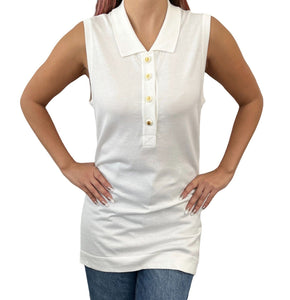 CHANEL Vintage CC Mark Button Polo Top #38 Sleeveless White Cotton Rank AB+