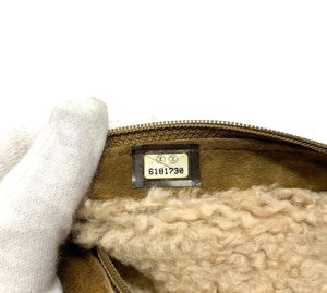 CHANEL Vintage Coco Mark Wristlet Pouch Handbag Beige Suede Boa Rank AB
