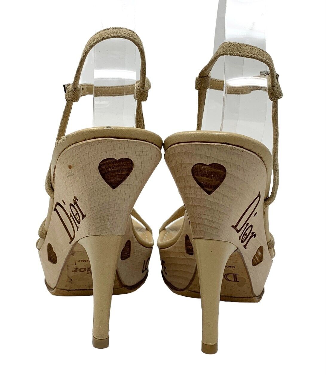 Dior Vintage Logo Strap Sandals #37 US 6.5 Heels Beige Suede Wood Rank AB