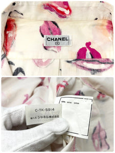CHANEL Vintage Coco Mark Shirt Top Lip Rouge Cotton Ivory Pink Button RankAB+