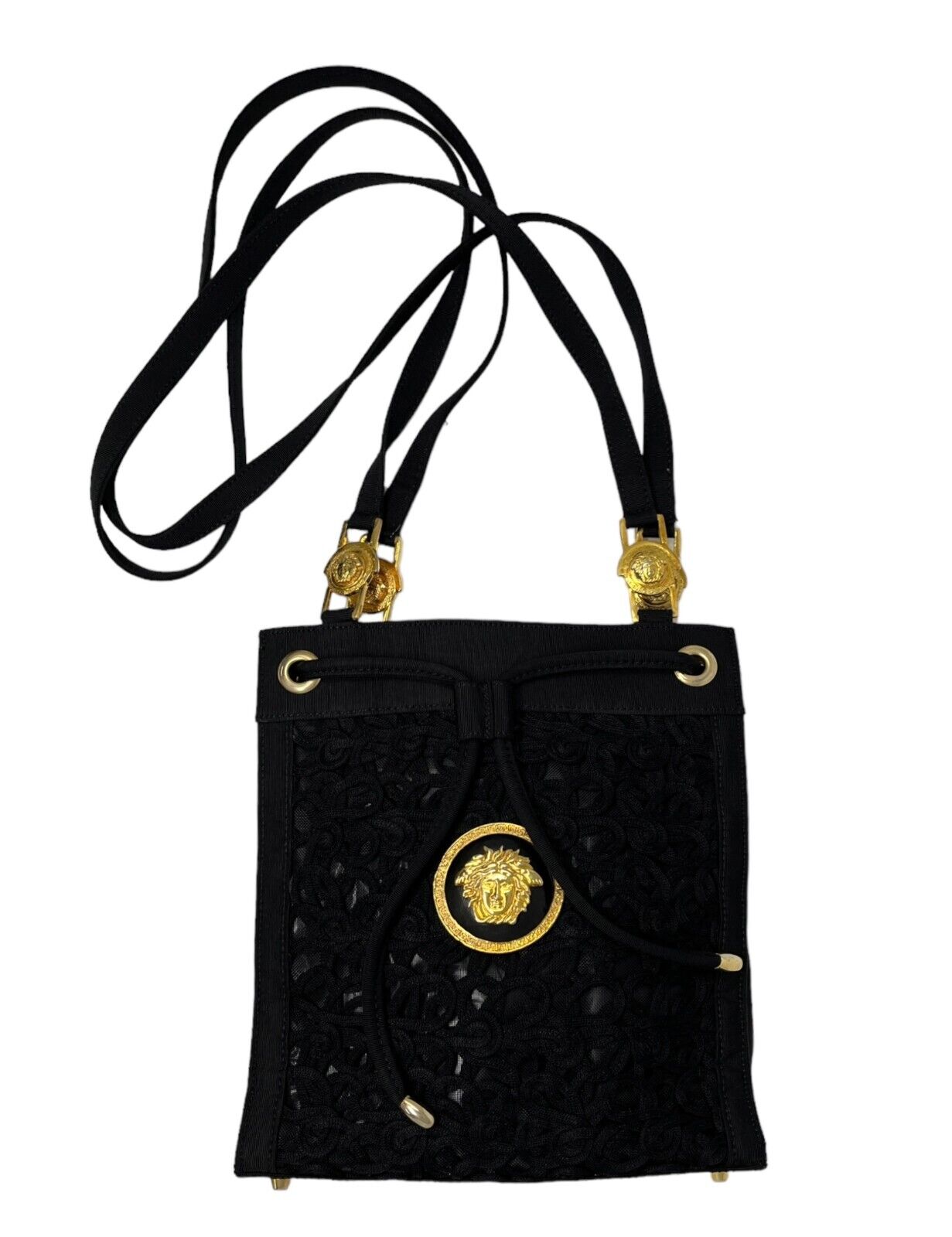 GIANNI VERSACE Vintage Logo Shoulder Bag Black Gold Medusa Cotton RankAB