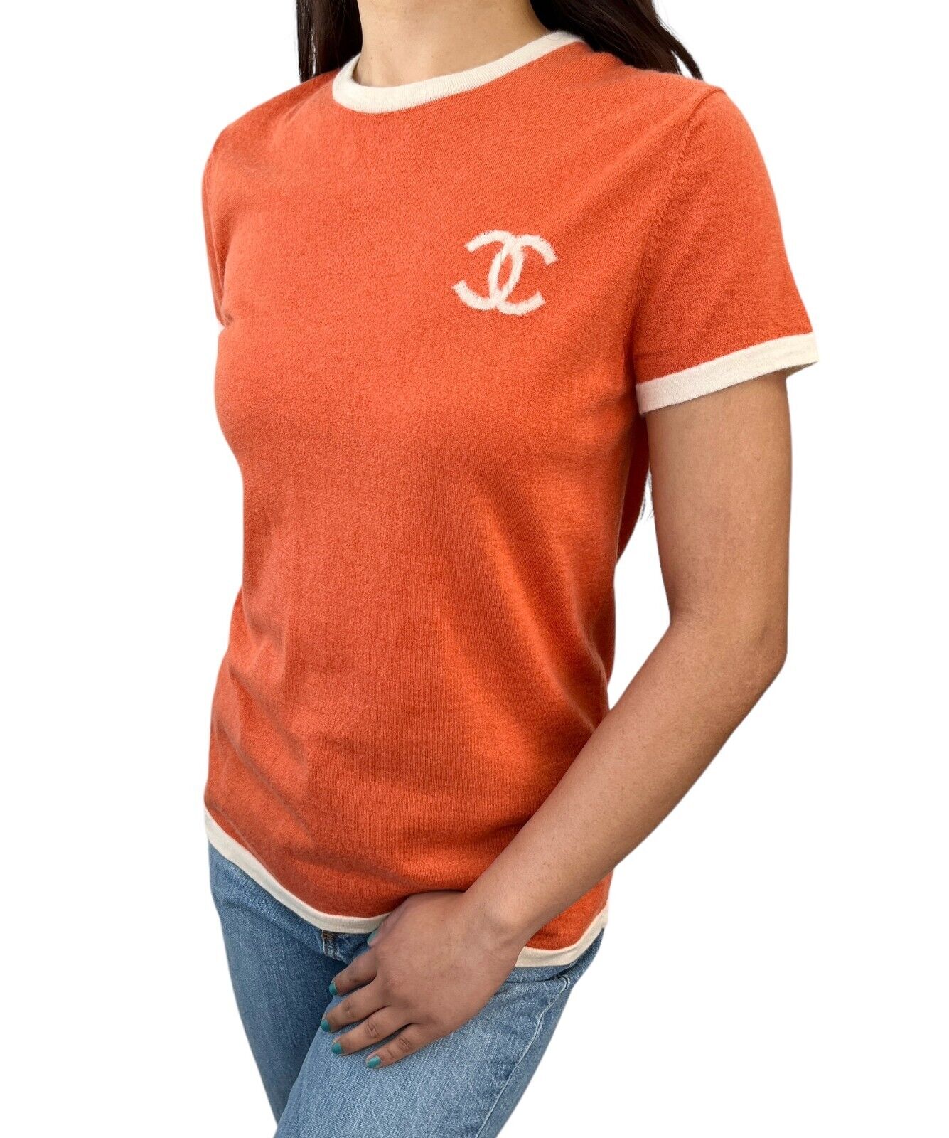 CHANEL Vintage 06C CC Mark Knit Top #40 Orange Cream Cashmere Rank AB+