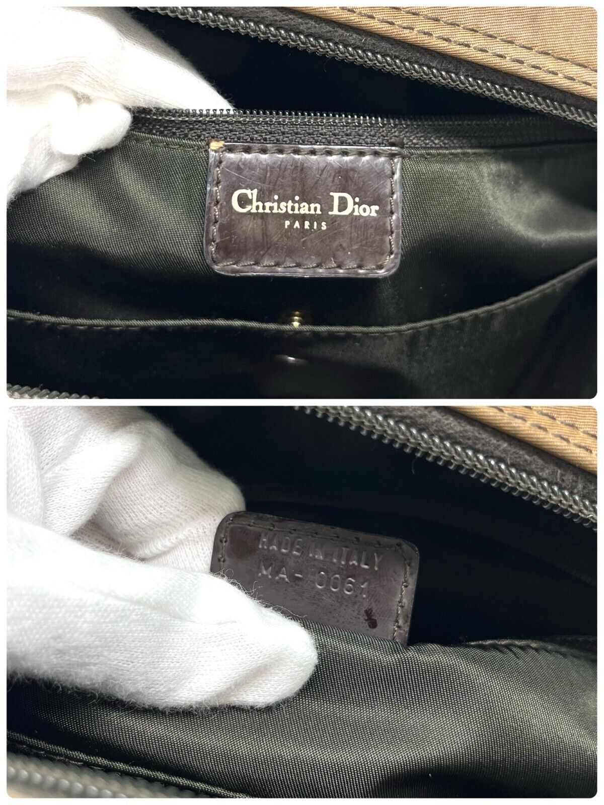 Christian Dior Vintage CD Logo Double Saddle Handbag Brown Gold Nylon Rank AB