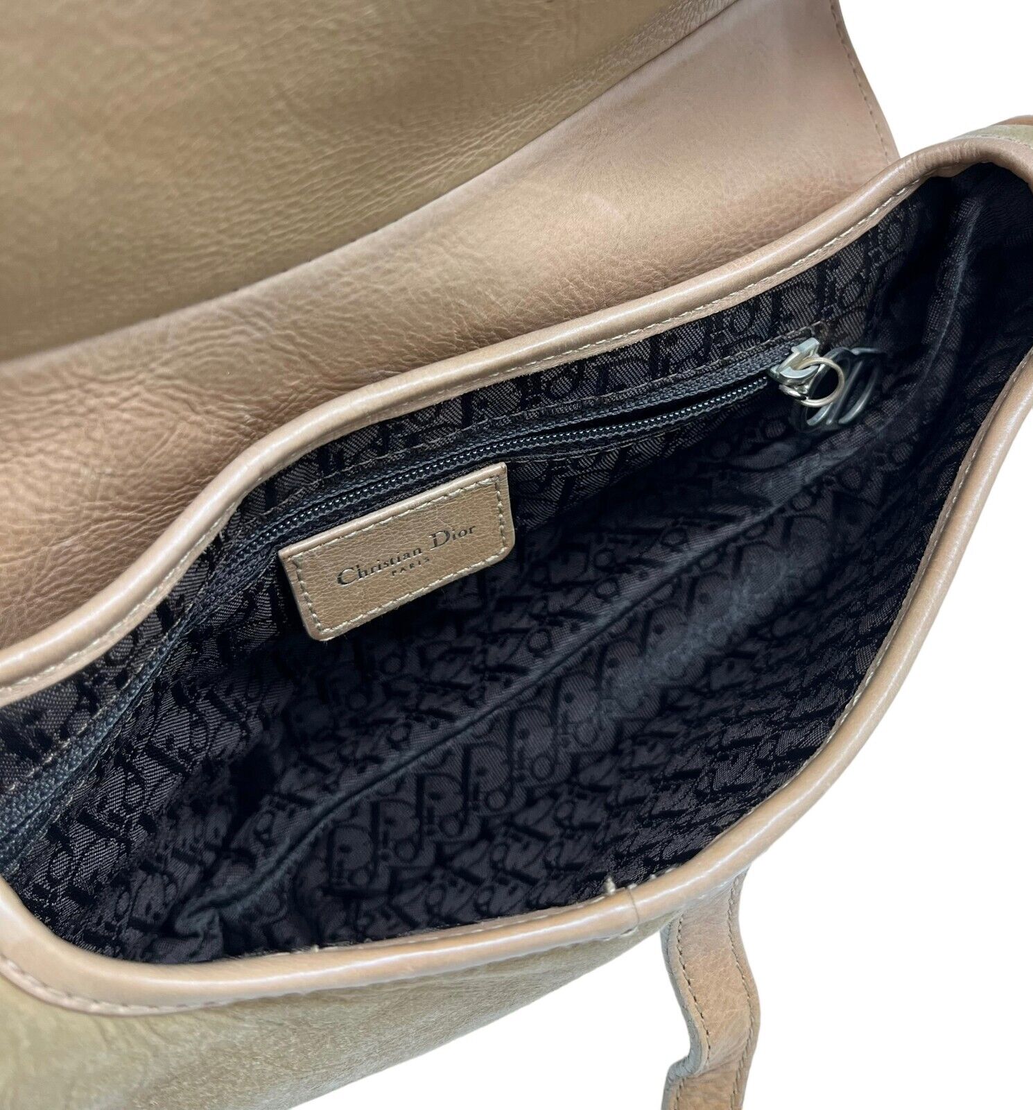 Christian Dior Vintage CD Logo Saddle Bag Boa Brown Beige Leather Rank AB