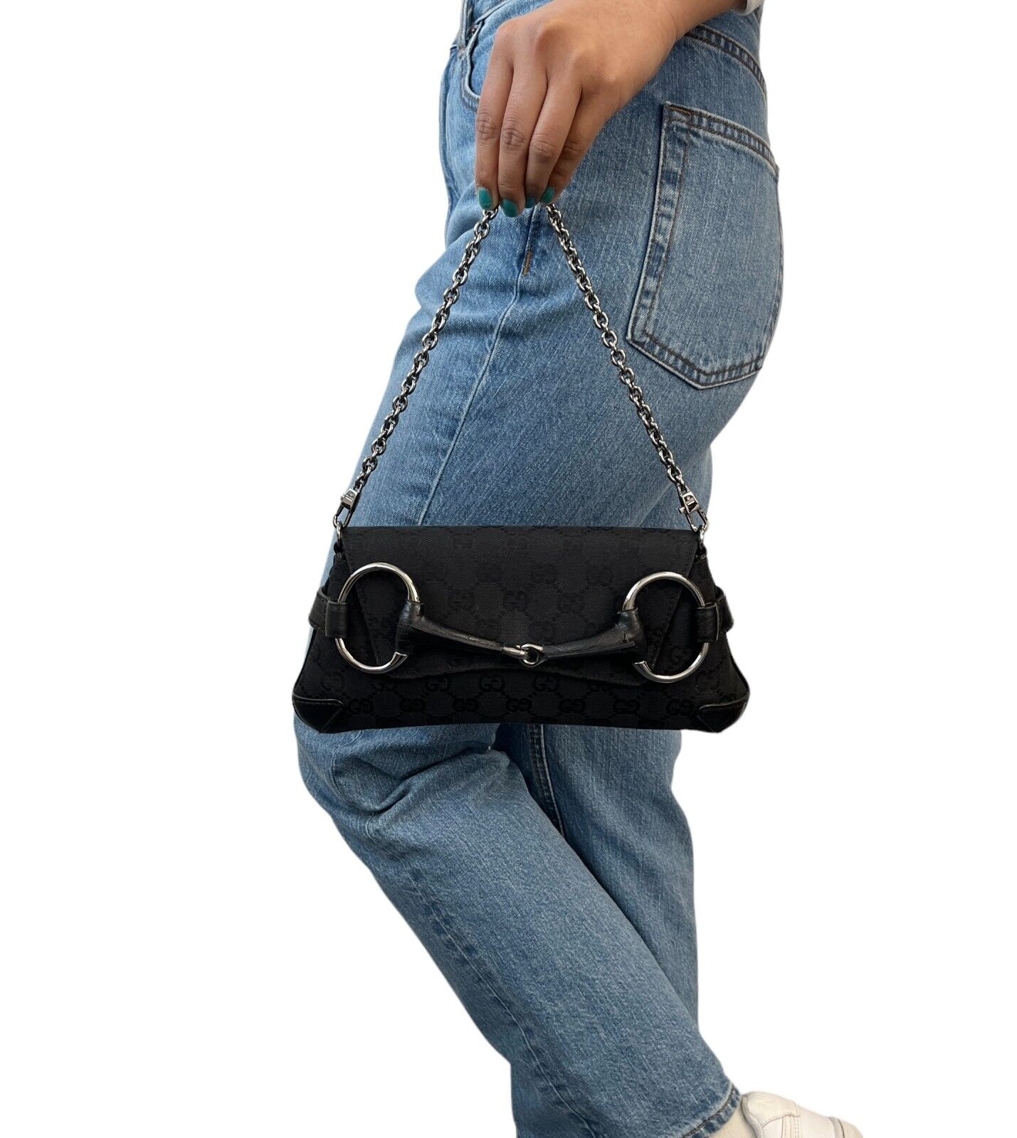 GUCCI Vintage GG Monogram Horsebit Chain Mini Bag Pochette Black Canvas RankAB+