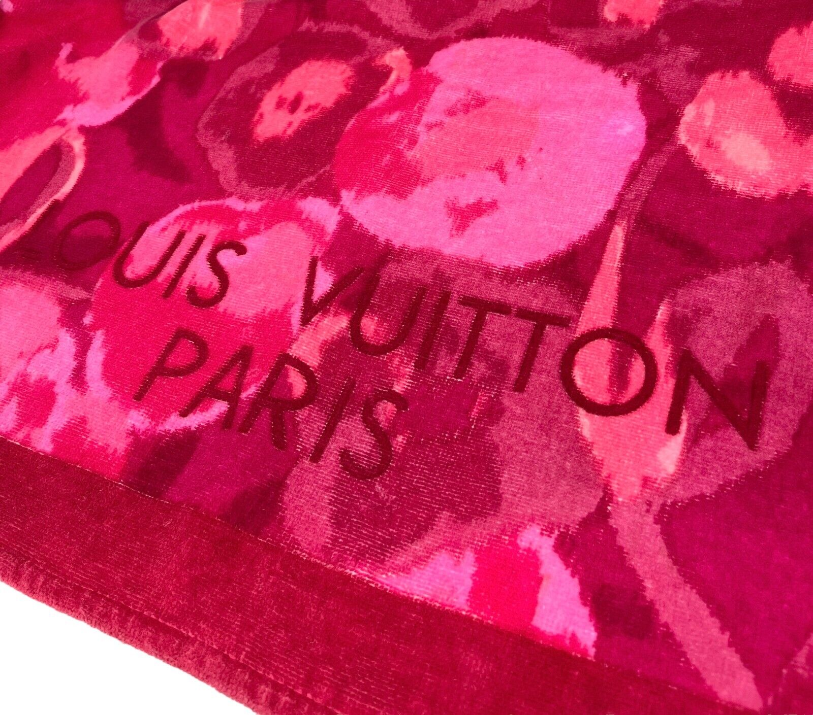 LOUIS VUITTON Vintage Logo Beach Towel Terrycloth Pink Red Cotton Rank AB