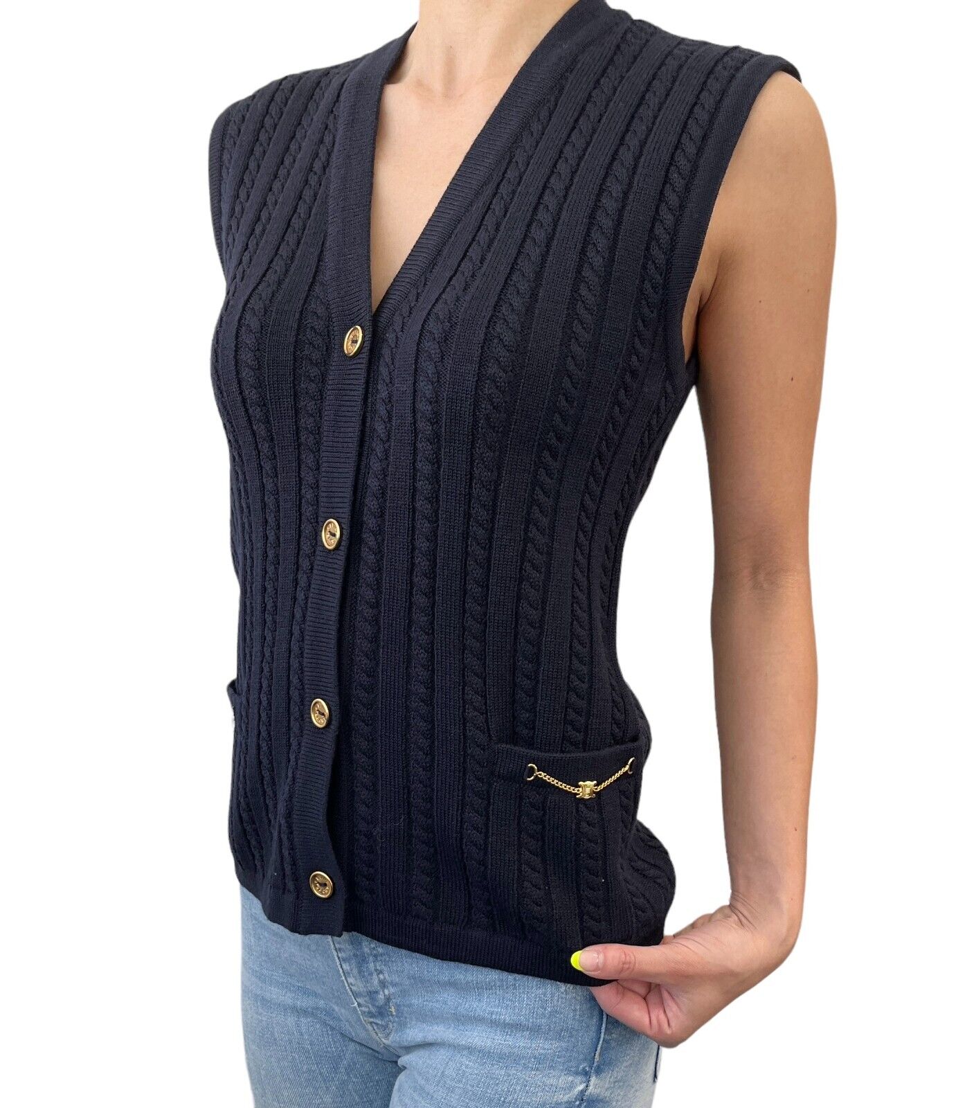 CELINE Vintage Logo Charm Knit Vest Sweater #38 Button Dark Blue Gold Rank AB+