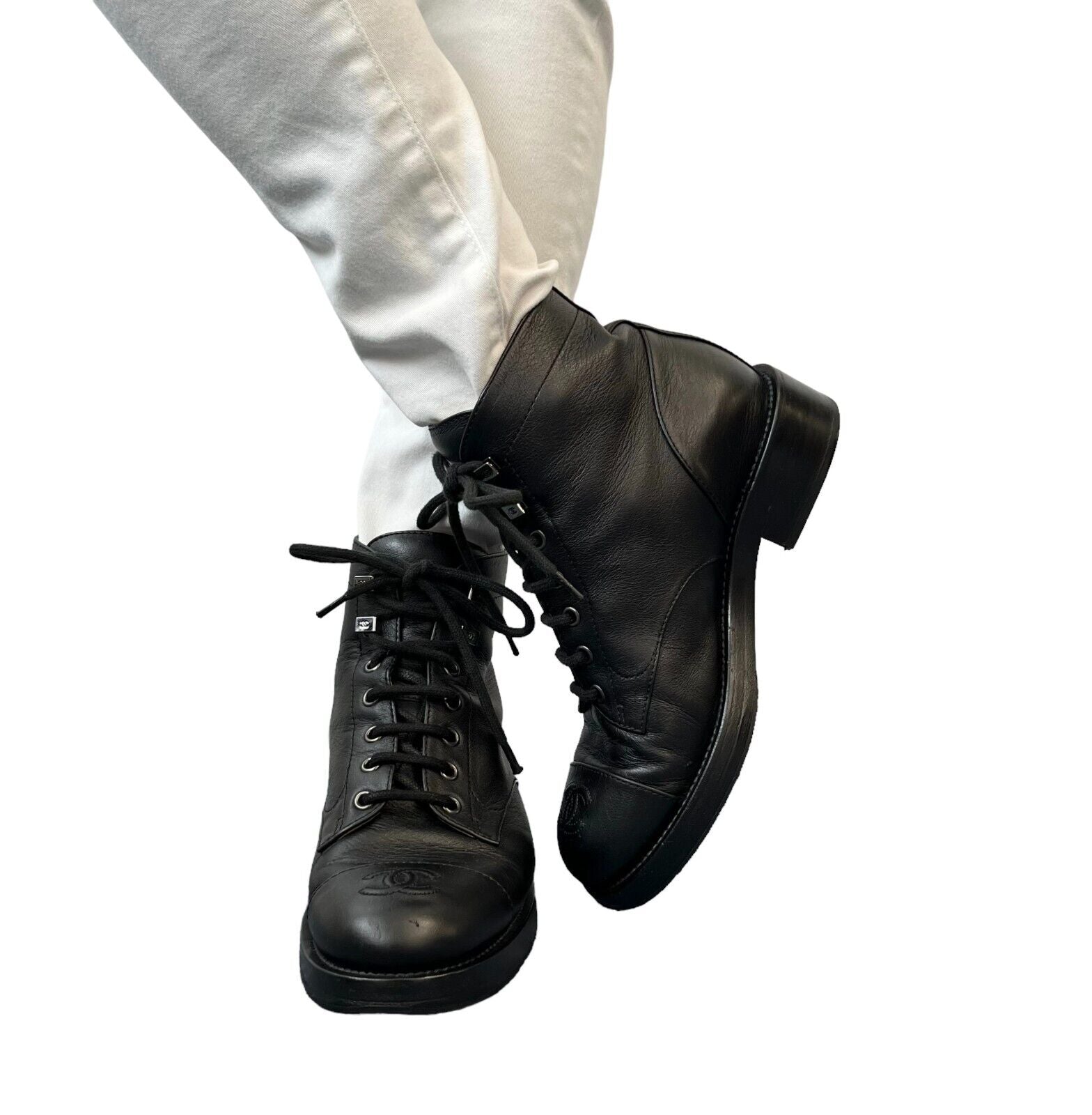 CHANEL Vintage CC Logo Short Boots #36.5 US 6.5 Black Silver Leather R –  Luxury Fashion Spark