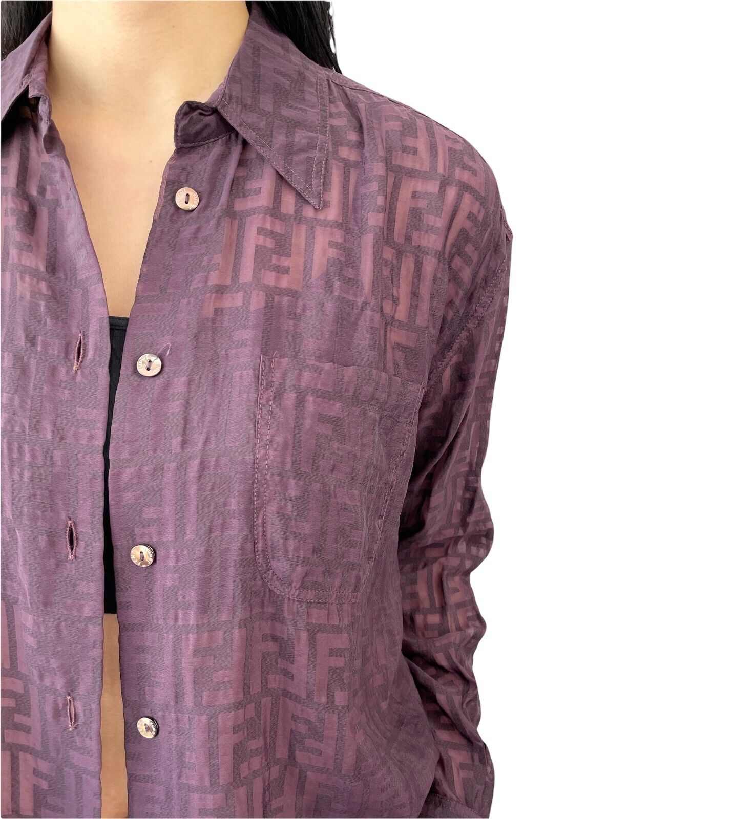 FENDI Vintage Zucca Monogram Logo Button Up Shirt Top See-through Purple RankB