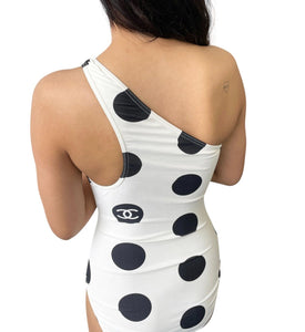 CHANEL Vintage CC Mark Swimsuit One-piece #38 One Shoulder Dot White RankAB