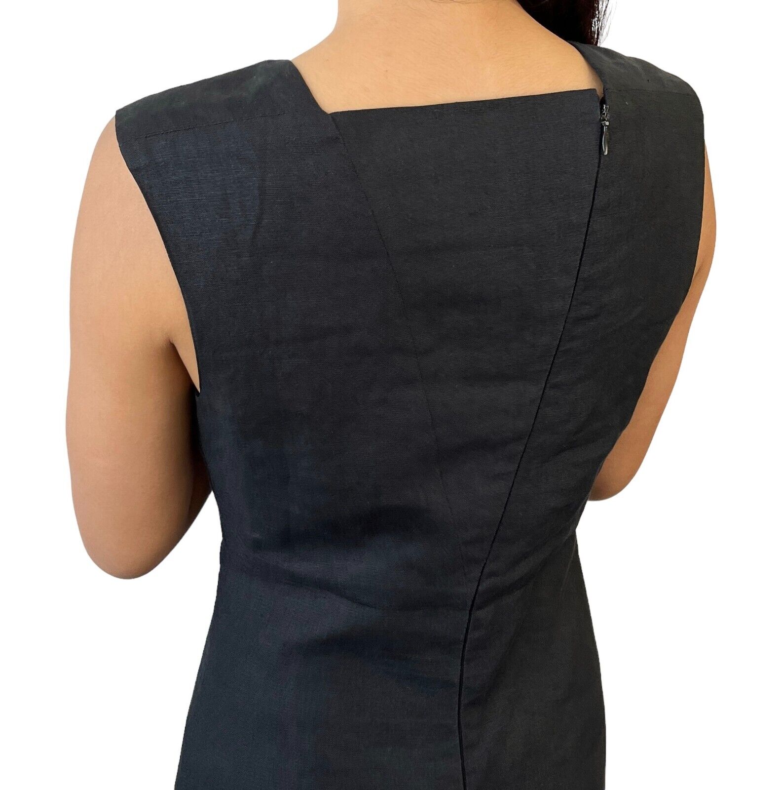 CHANEL Vintage 97S Coco Mark Logo Sleeveless Dress #36 Zip Black Linen Rank AB
