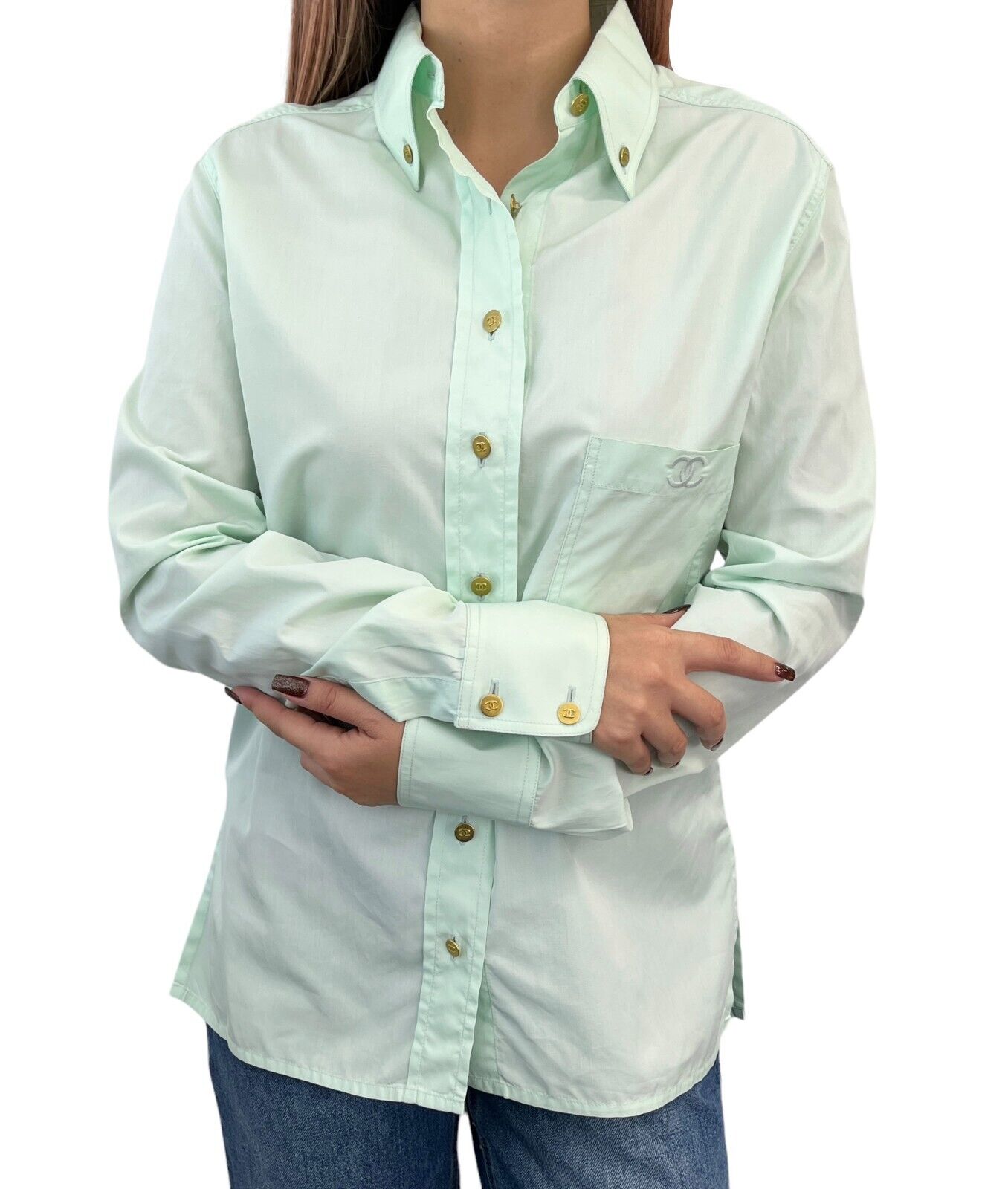 CHANEL Vintage CC Mark Button Shirt Top Pocket Light Green Cotton Rank AB+