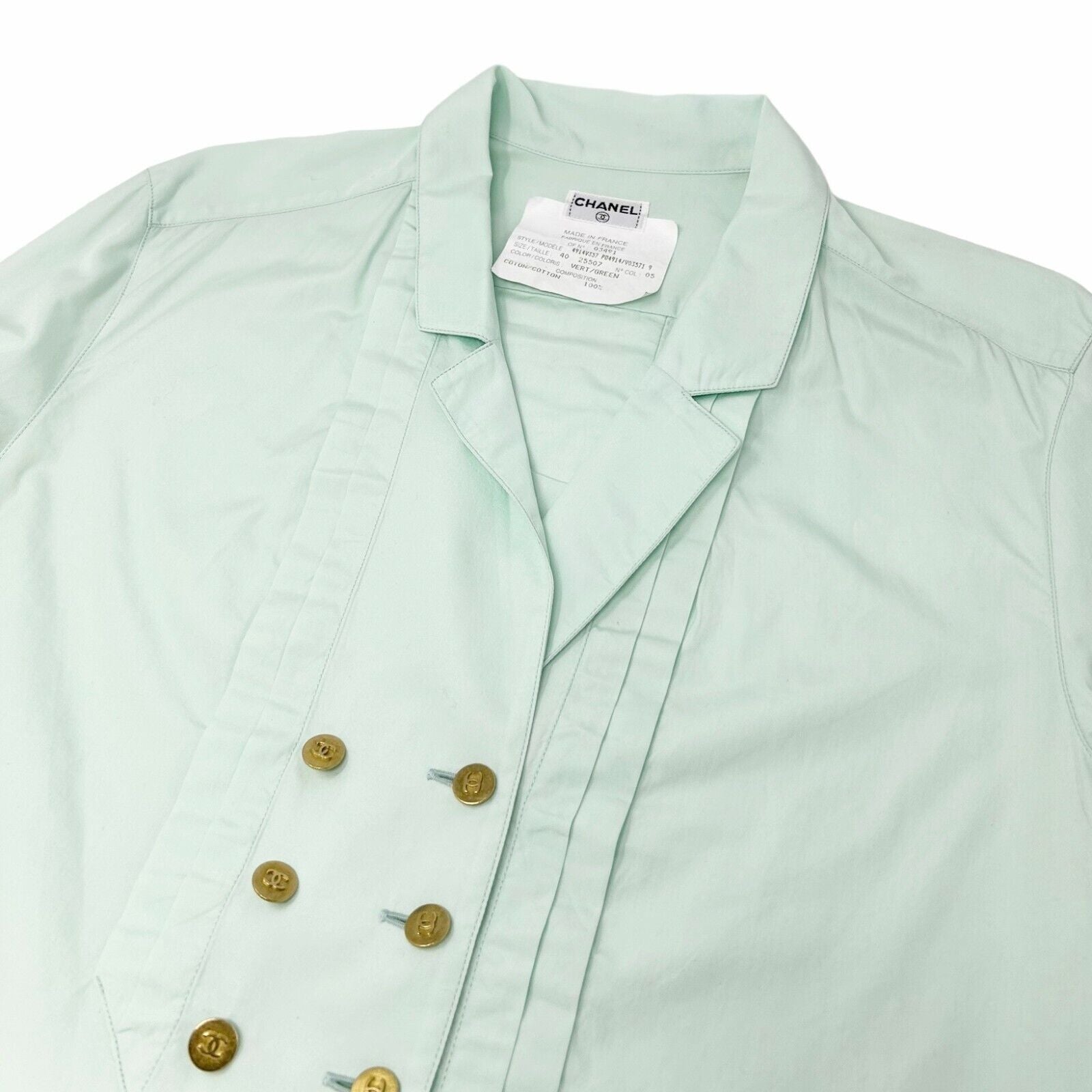 CHANEL Vintage Coco Mark Logo Shirts #40 Blouse Green Gold Cotton Button RankAB