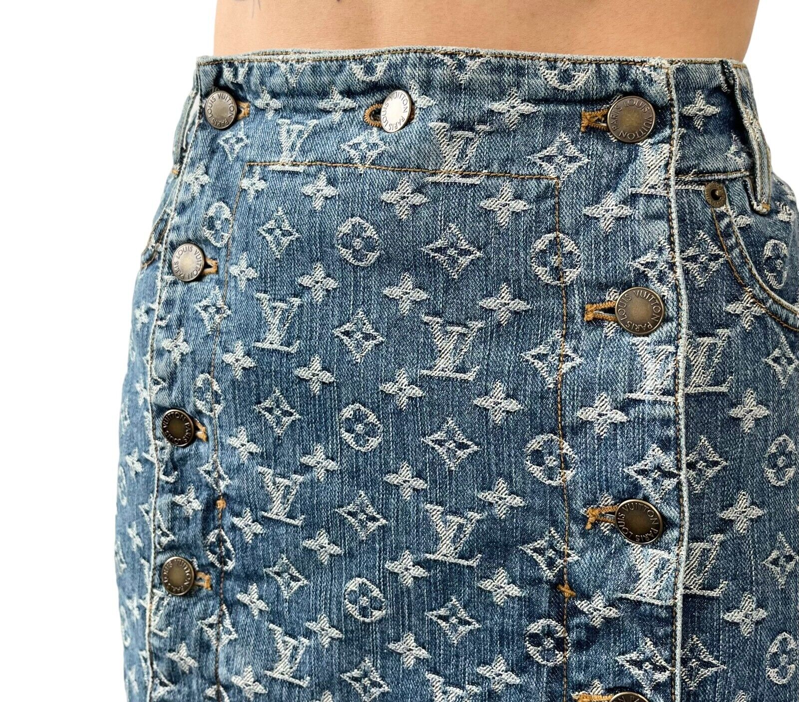 LOUIS VUITTON Vintage LV Monogram Denim Skirt #36 Blue Cotton Lace Up Rank AB