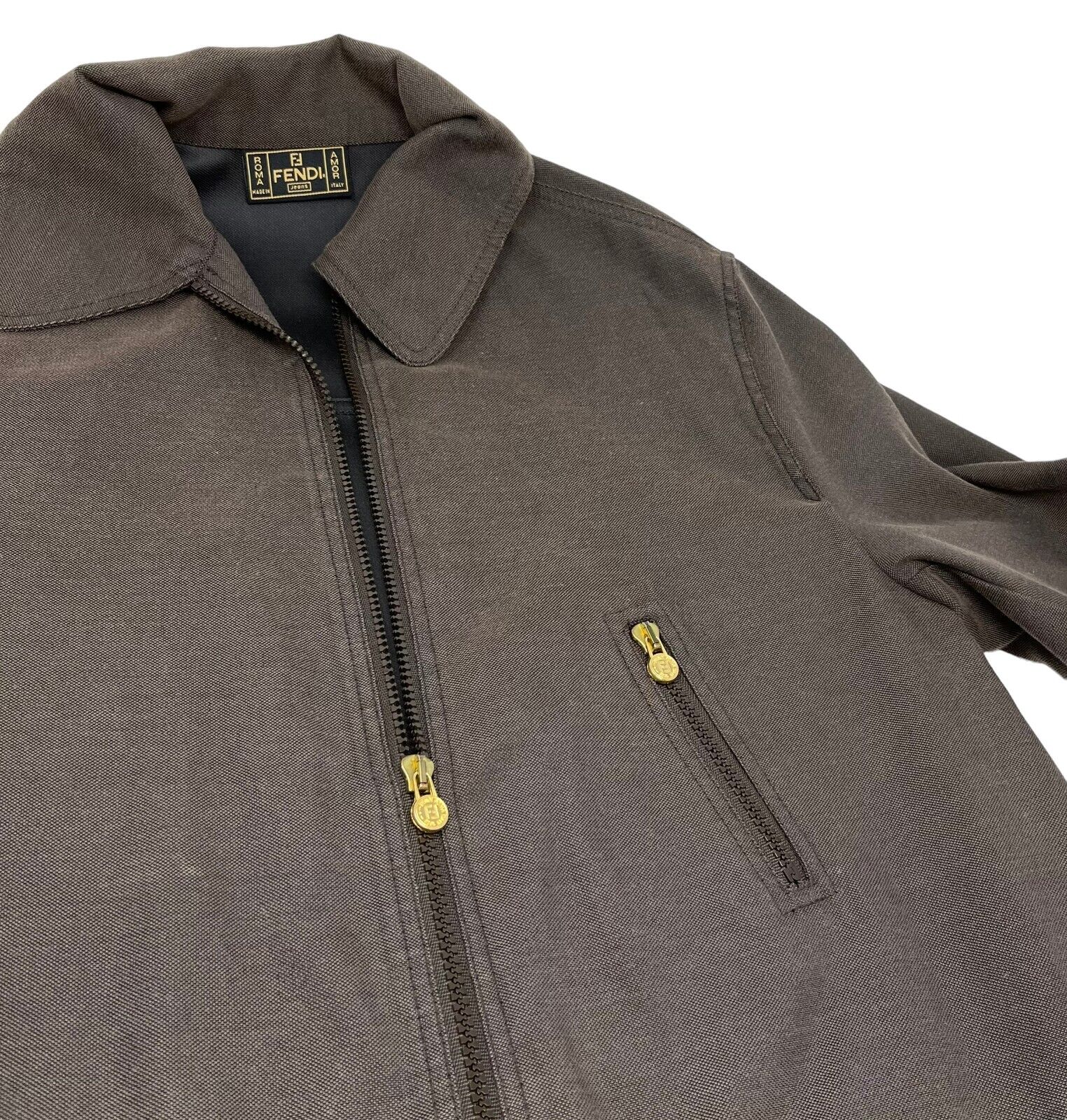 FENDI Vintage Logo Zipped Jacket #40 Polyester Cotton Brown Gold RankAB+