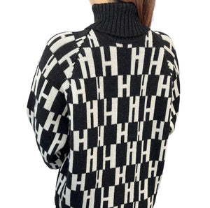 HERMES Vintage H Logo Turtleneck Sweater Top #M Black White Wool Rank AB+