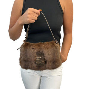 FENDI Vintage Mamma Baguette Shoulder Bag Fur Brown Gold Leather Rank AB+