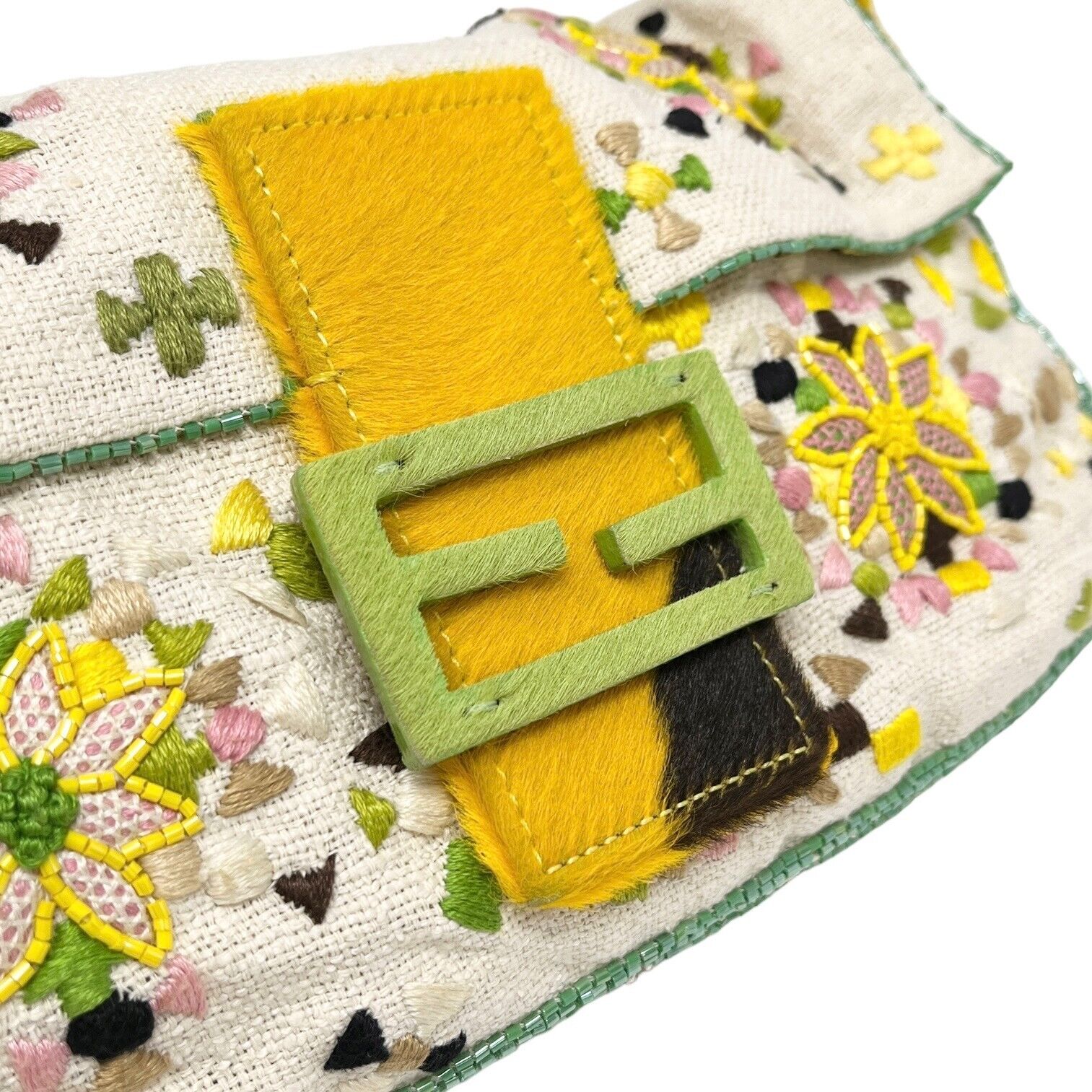 FENDI Vintage FF Logo Beads Mamma Baguette Embroidery Multicolor Linen Rank AB