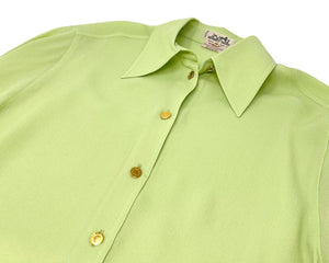 HERMES Vintage Logo Shirt #38 Blouse Green Gold Button Silk Rank AB