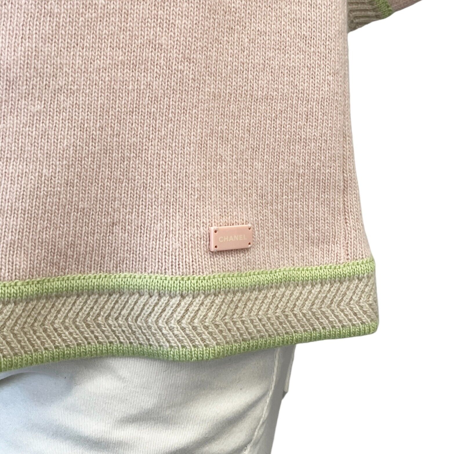 CHANEL Vintage 03P Logo Cardigan #42 Pink Green Sweater Cashmere Button RankAB+