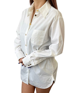 HERMES Vintage Logo Shirt Top #38 White Gold Cotton Sellier Button RankAB