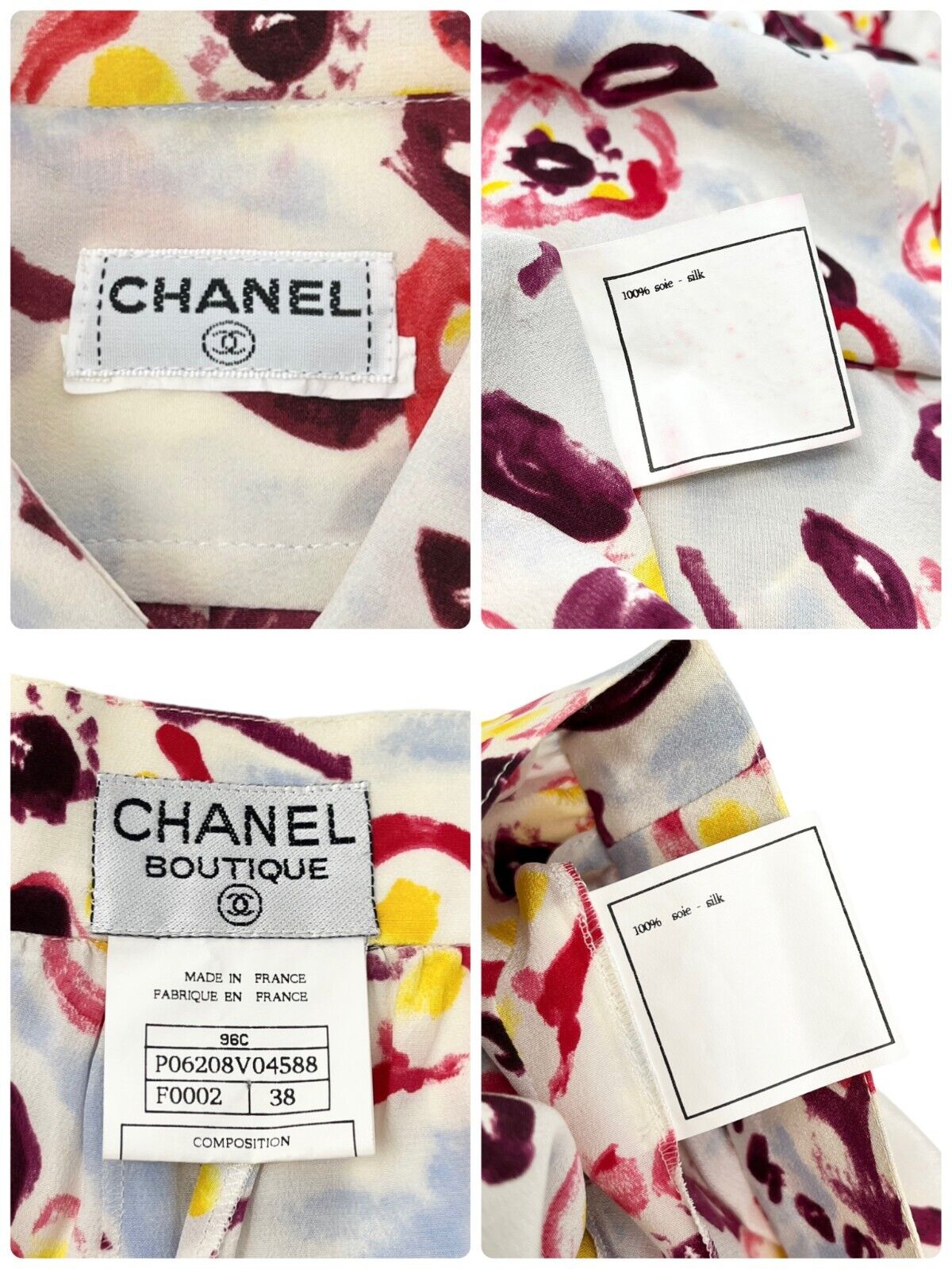CHANEL Vintage 96C CC Mark Camellia Silk Shirt Pants Set #38 Multicolor RankAB+