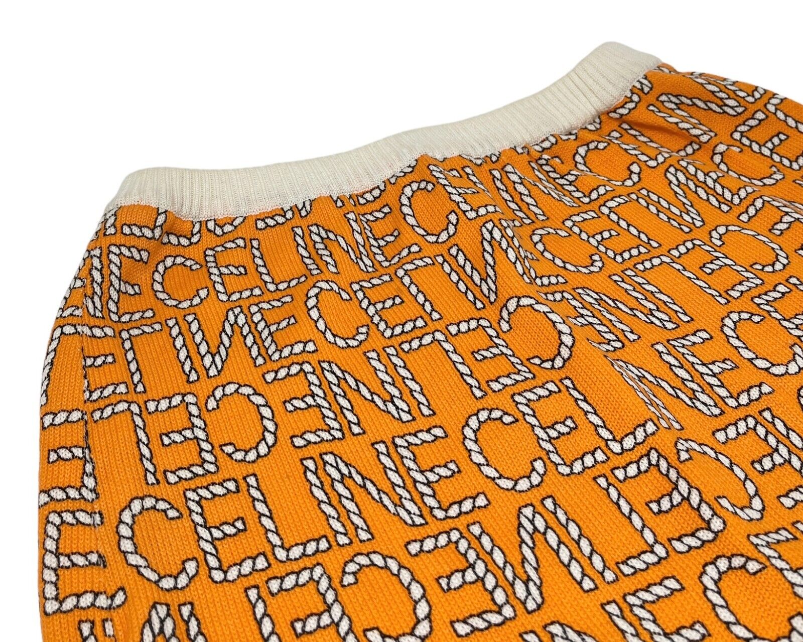 CELINE Vintage Logo Knee Length Skirt #40 Bottoms Orange White Cotton Rank AB