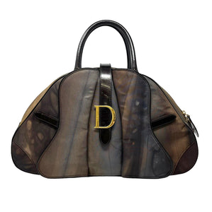 Christian Dior Vintage CD Logo Double Saddle Handbag Brown Gold Nylon Rank AB