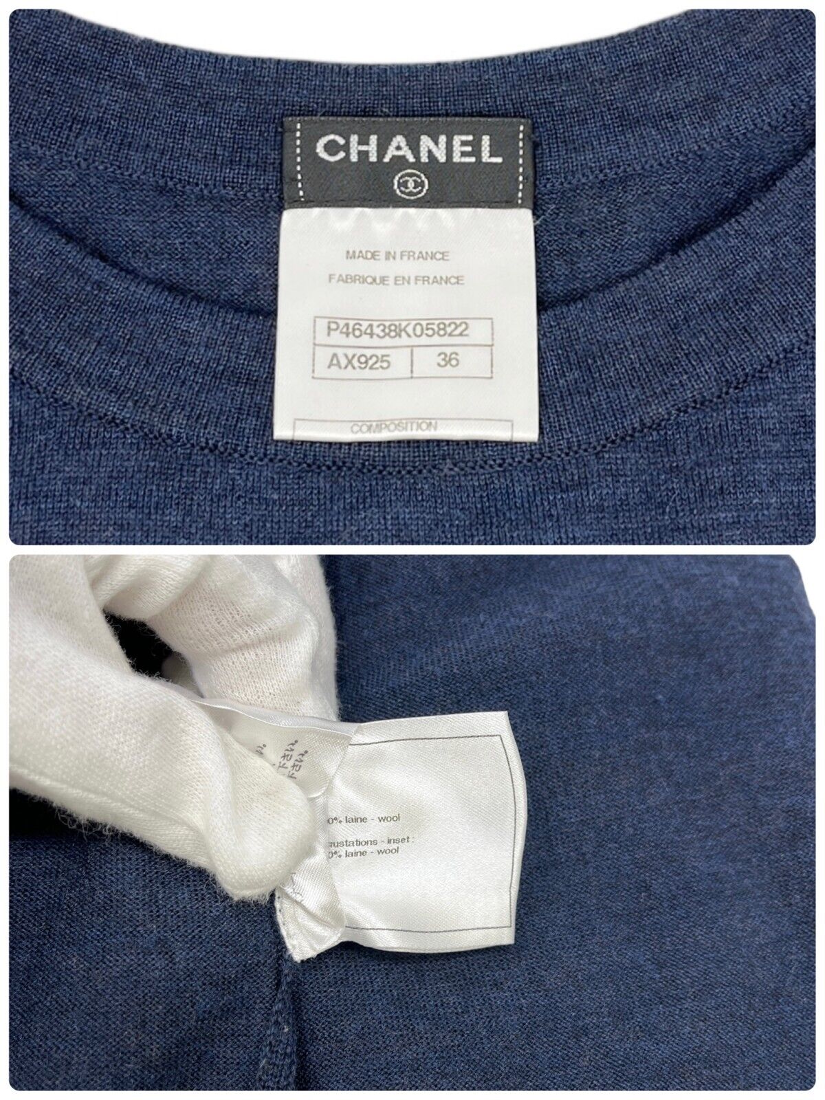 CHANEL Vintage P46438 CC Mark Patch Knit Top #36 Pocket Dark Blue Wool Rank AB+