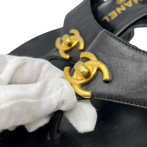 CHANEL Vintage CC Logo Turn Lock Lace Up Sandals #36.5 US6 Black Gold Rank AB