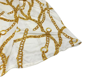 CELINE Vintage Logo Chain Pattern Dress #S Strapless Gold White Rayon Rank AB