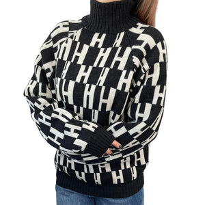 HERMES Vintage H Logo Turtleneck Sweater Top #M Black White Wool Rank AB+