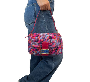 FENDI Vintage Mamma Baguette Logo Shoulder Bag Multicolor Wool Leather RankAB