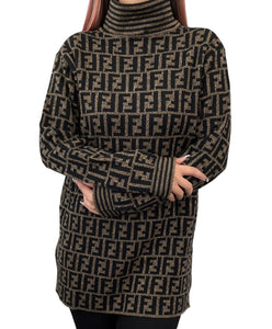 FENDI Vintage Zucca Monogram Sweater Top #40 Turtleneck Brown Wool Rank AB+