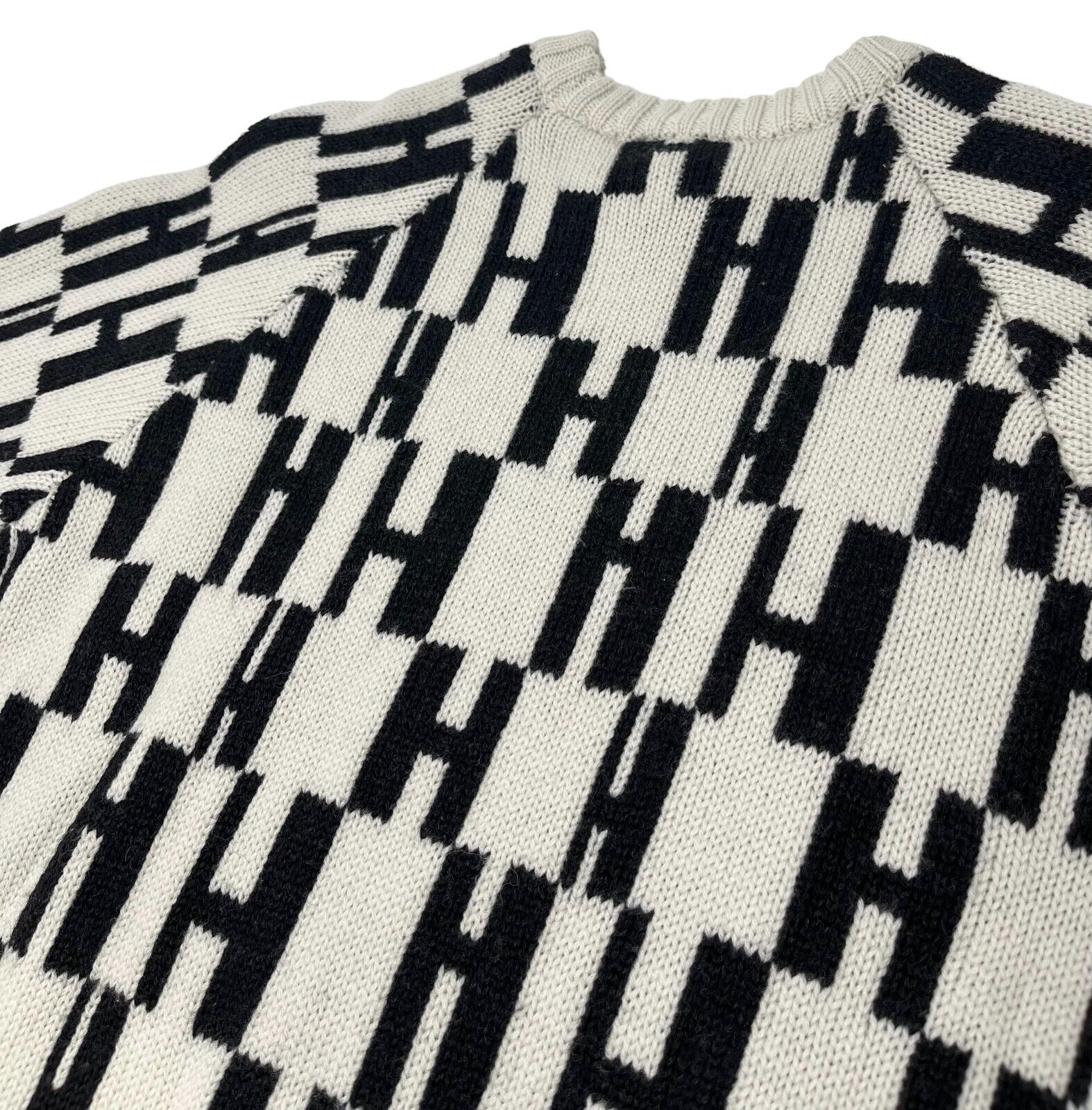 HERMES Vintage Logo Chunky Knit Sweater Top #S Pullover Wool Ivory Black RankAB