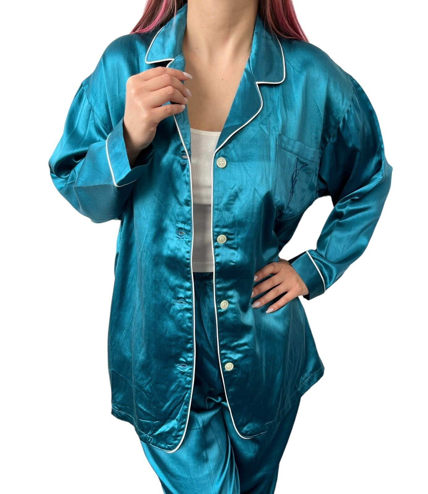 Yves Saint Laurent Vintage Logo Pajama #M Room Wear Blue Silk Satin RankAB