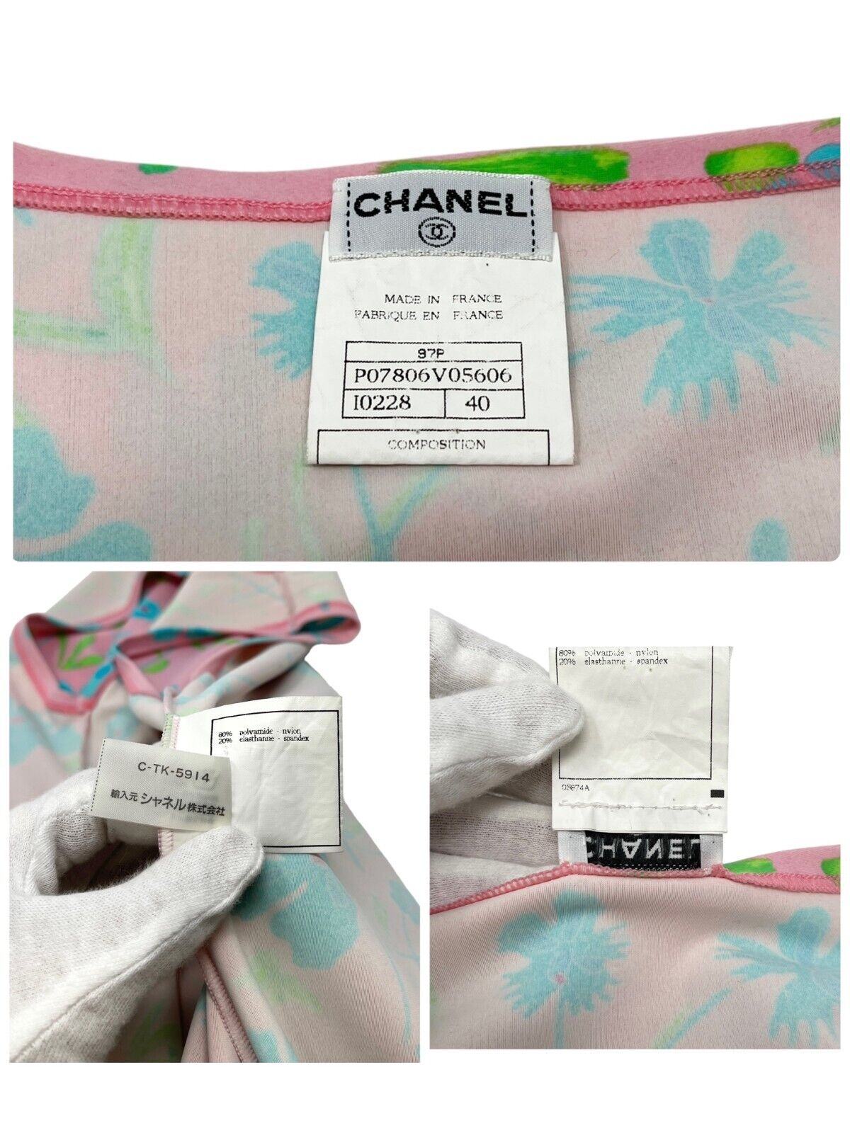 CHANEL Vintage 97P CC Logo Dress #40 One-piece Pink Blue Flower Nylon RankAB