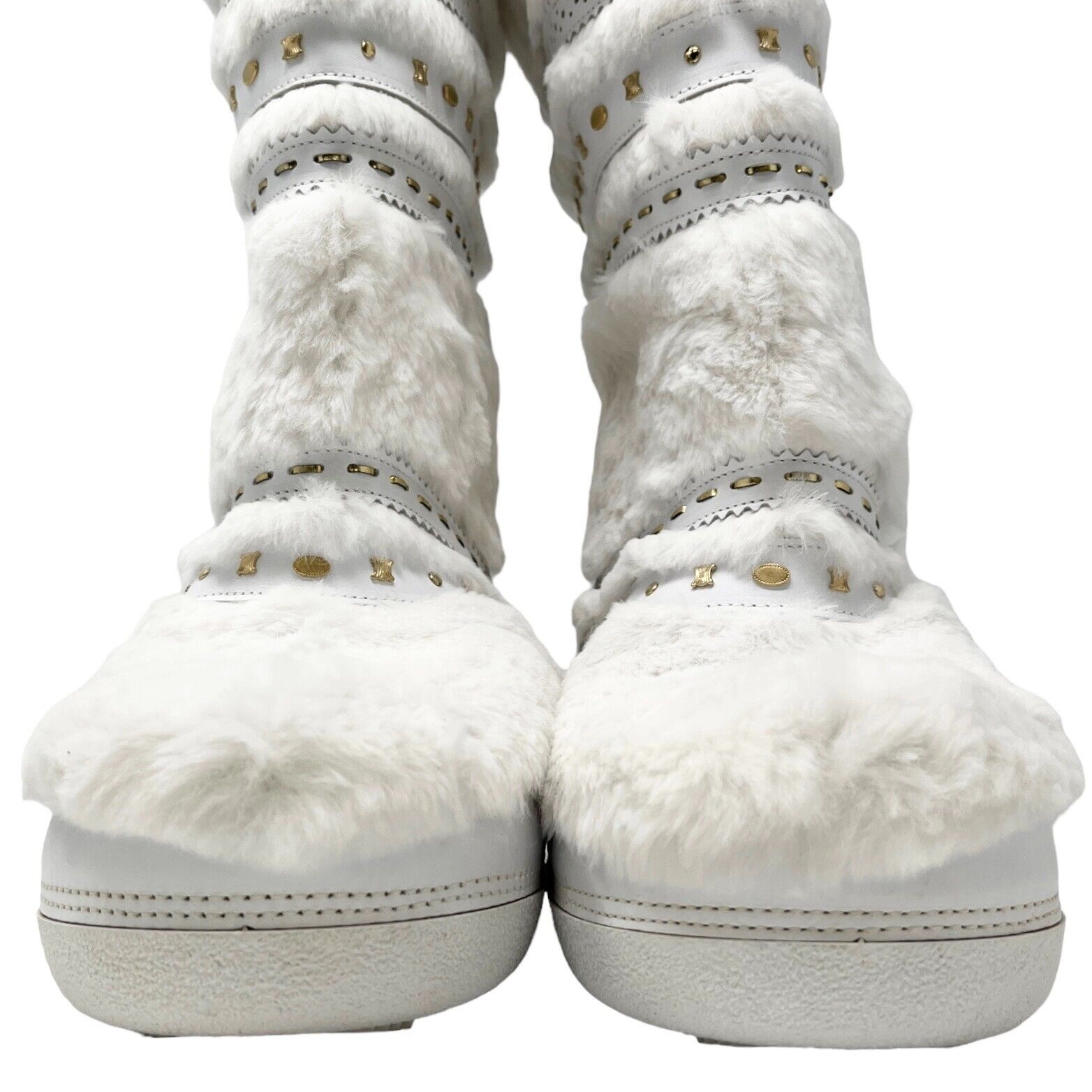 CELINE Vintage Macadam Logo Faux Fur Snow Boots #38-40 US8-10 White Gold RankAB
