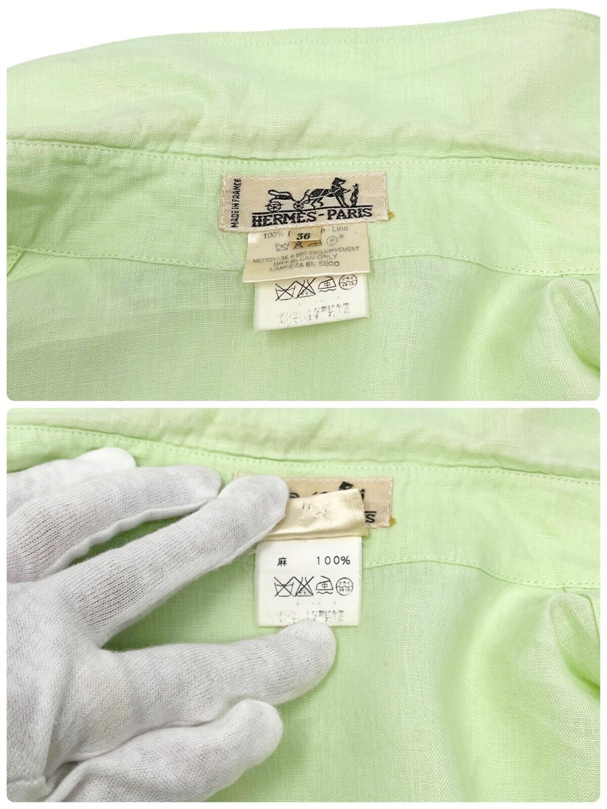 HERMES Vintage Logo Button Up Shirt #36 Pocket Gold Button Green Linen RankAB
