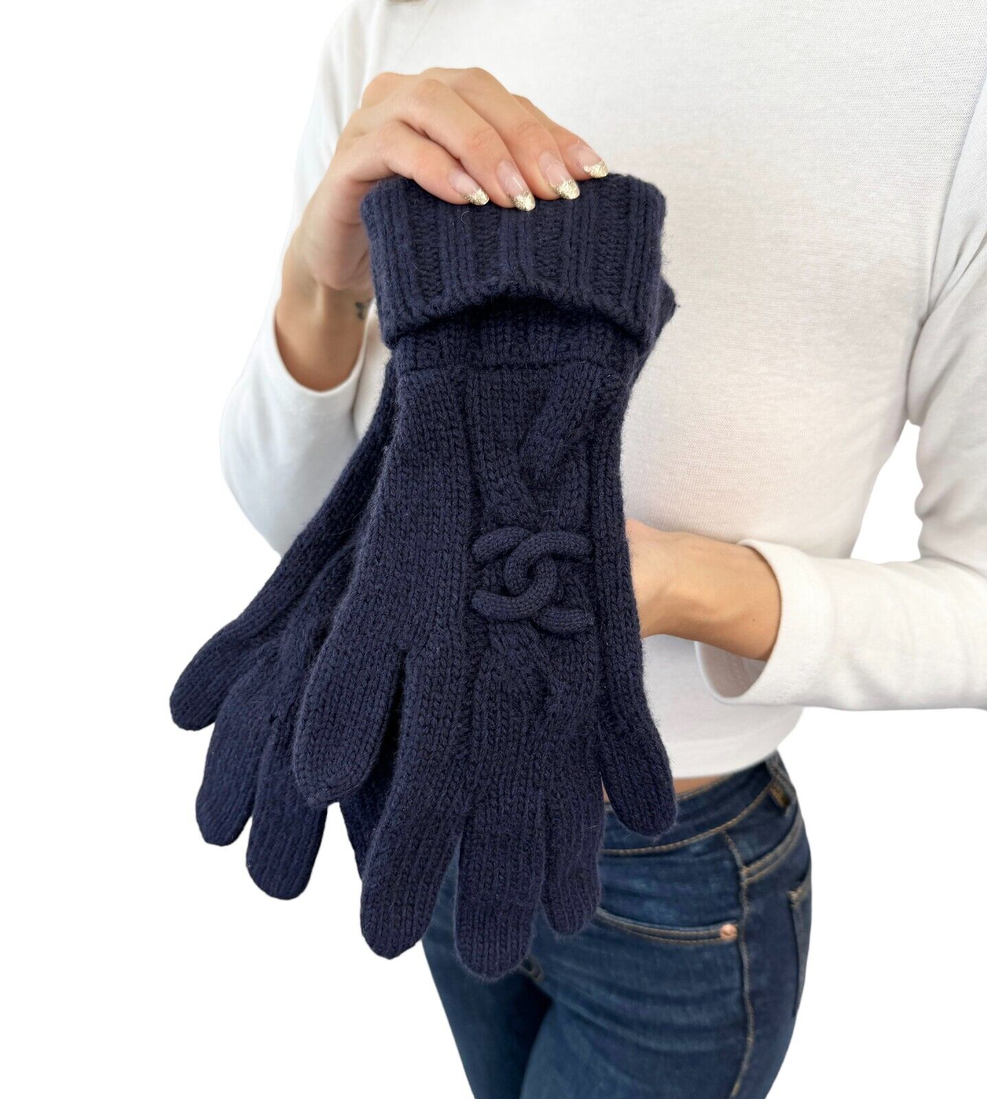 CHANEL Vintage CC Mark Logo Knit Gloves Knit Dark Blue Cashmere Rank AB+