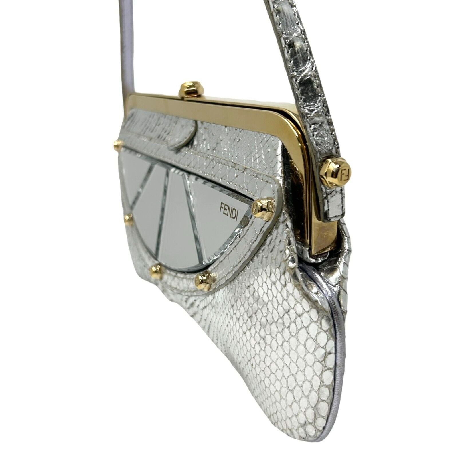 FENDI Vintage Logo Mini Shoulder Bag Silver Gold Pochette Mirror Leather RankAB