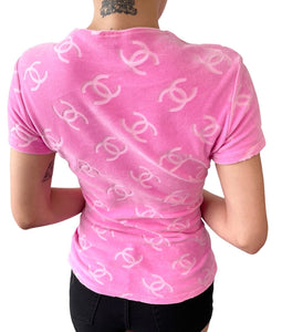 CHANEL Vintage CC Mark Logo Velour T-shirt #40 Top Pullover Pink Rank AB