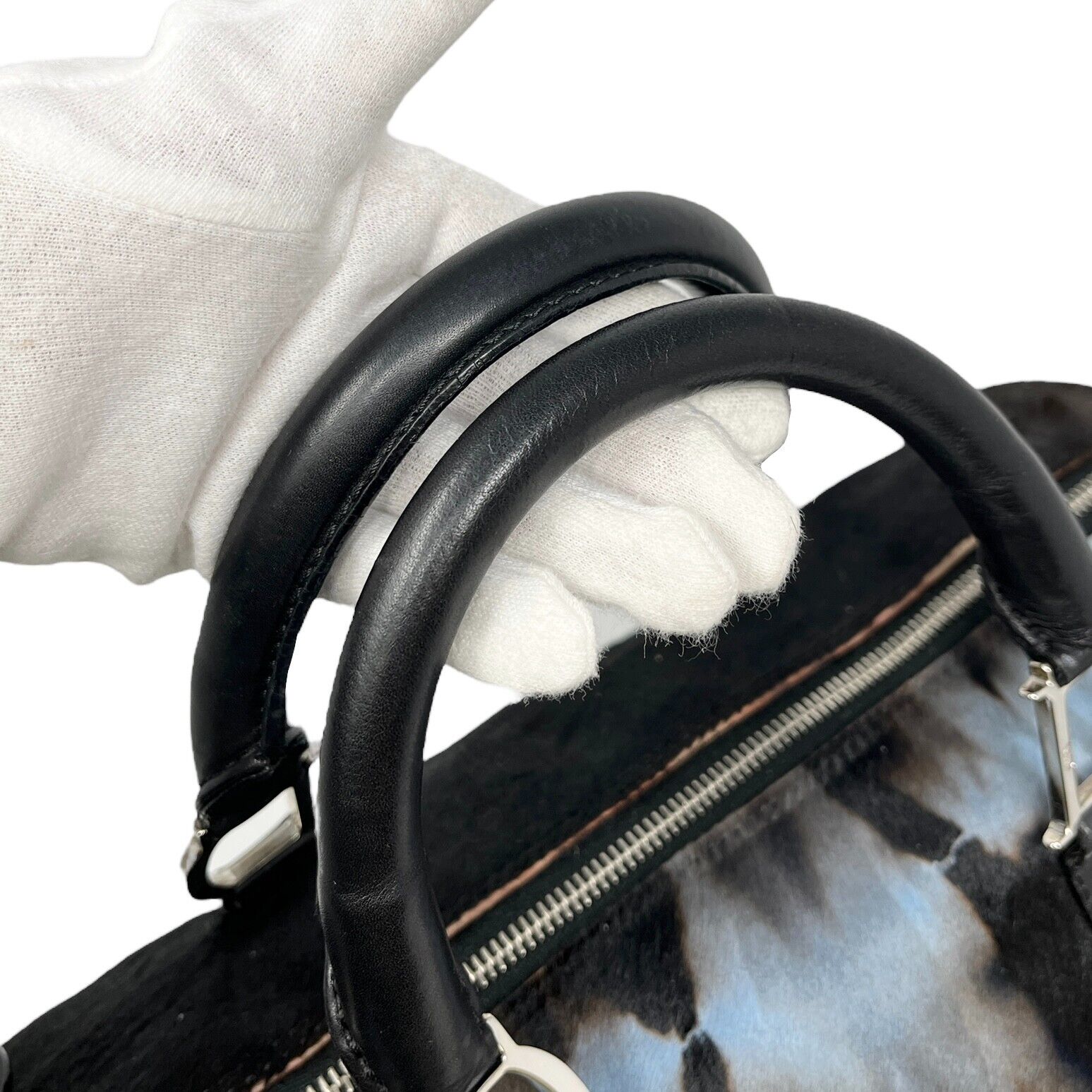 Christian Dior Vintage Logo Traveling Bag Tie Dye Black Blue Calf Hair Rank AB