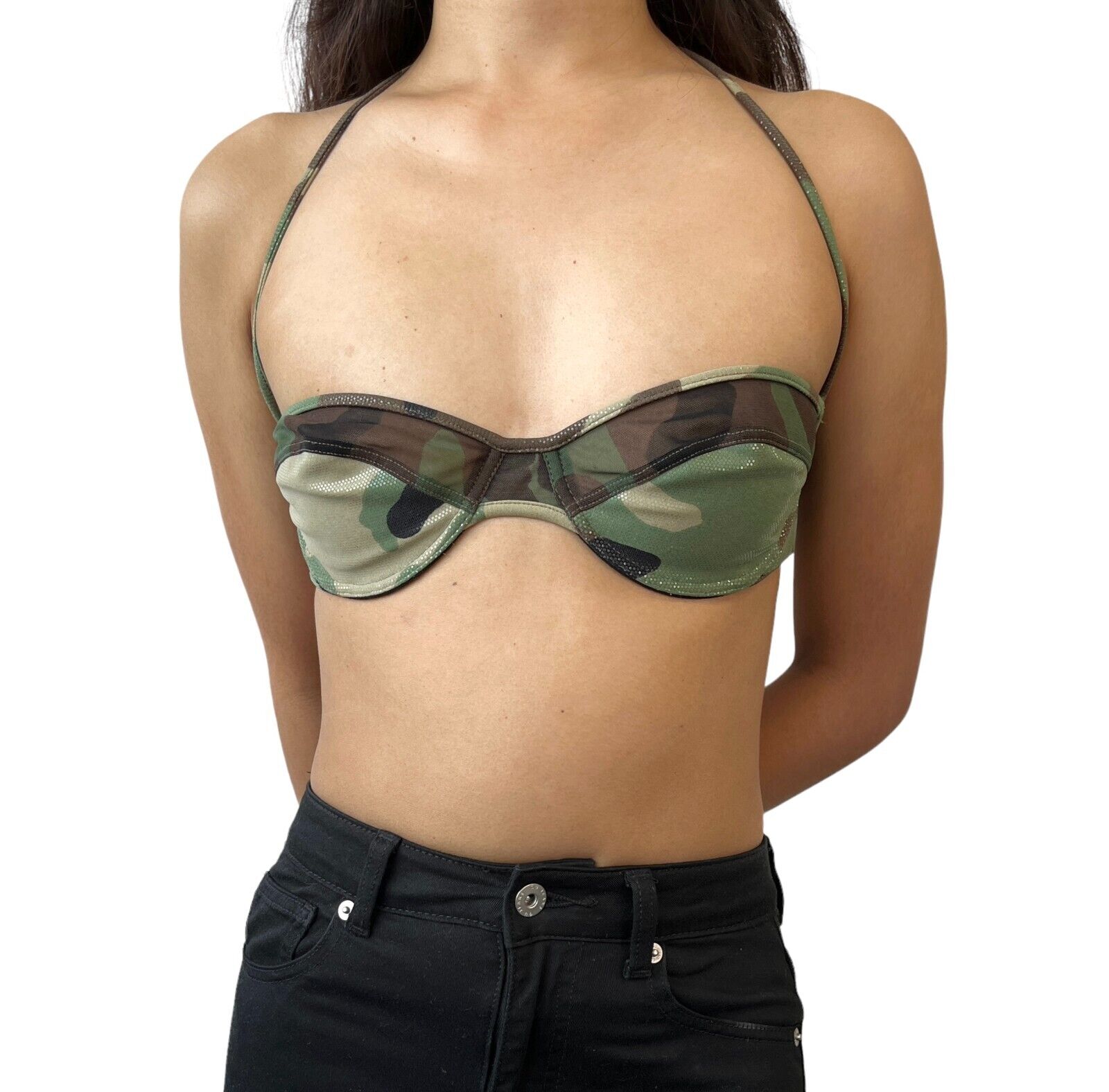 Christian Dior Vintage Logo Swimwear Bikini #38 Green Nylon Camouflage RankAB