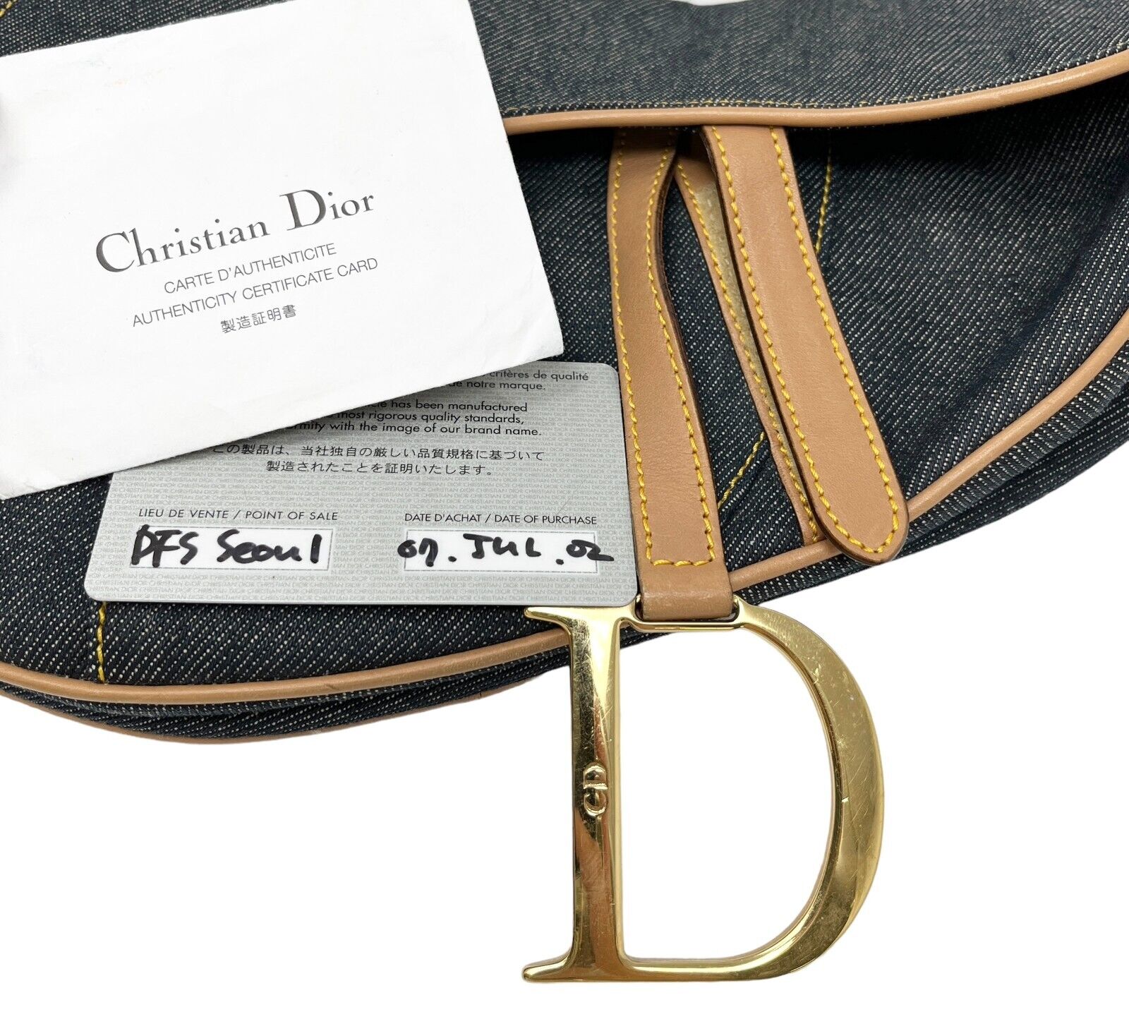 Christian Dior Vintage Logo Saddle Bag Denim Shoulder Bag Blue Brown Rank AB+