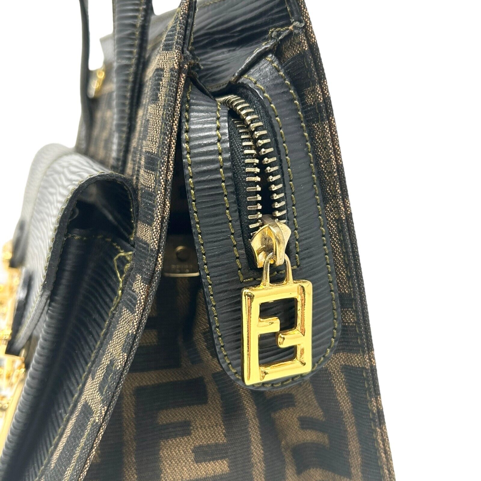 FENDI Vintage Zucca Tote Bag Shoulder Bag Brown Gold Zip Canvas Leather Rank AB