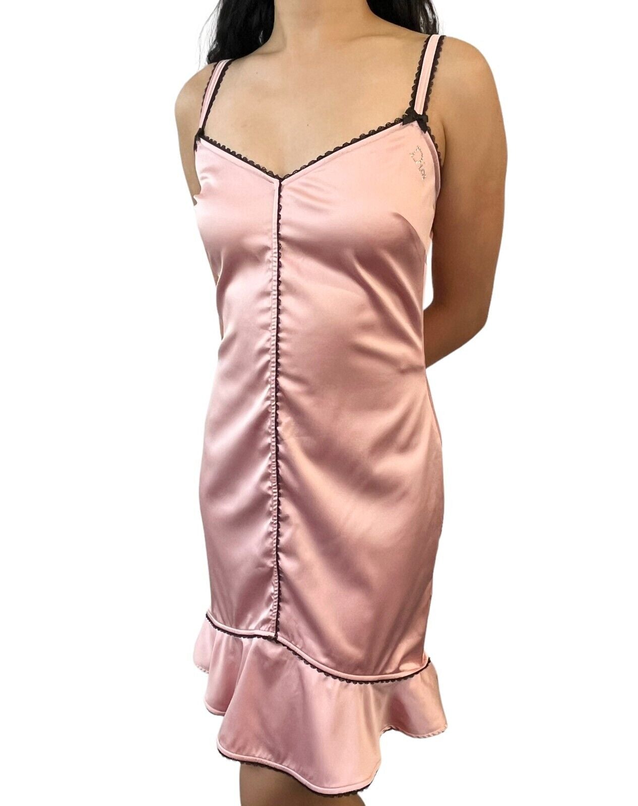 Christian Dior Vintage Logo Lace Dress #40 Rhinestone Ribbon Pink Black Rank AB+