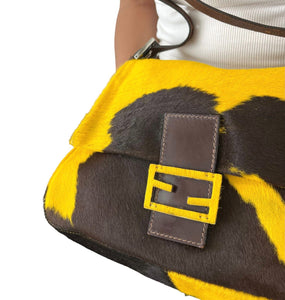 FENDI Vintage FF Logo Cow Mamma Baguette Shoulder Bag Yellow Calf Hair Rank AB