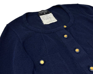 CHANEL Vintage CC Logo Knit Dress #38 Sweater Blue Gold Button Cotton Rank AB