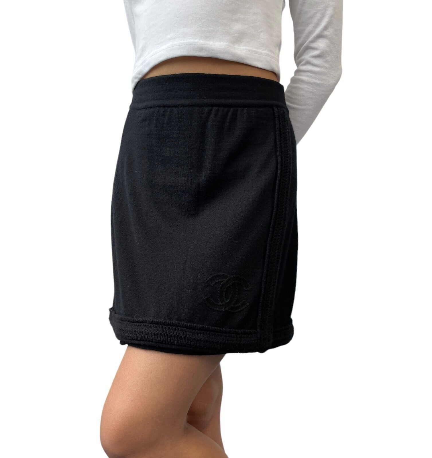CHANEL Vintage P39396 Coco Mark Logo Mini Skirt #36 Black Cashmere Rank AB